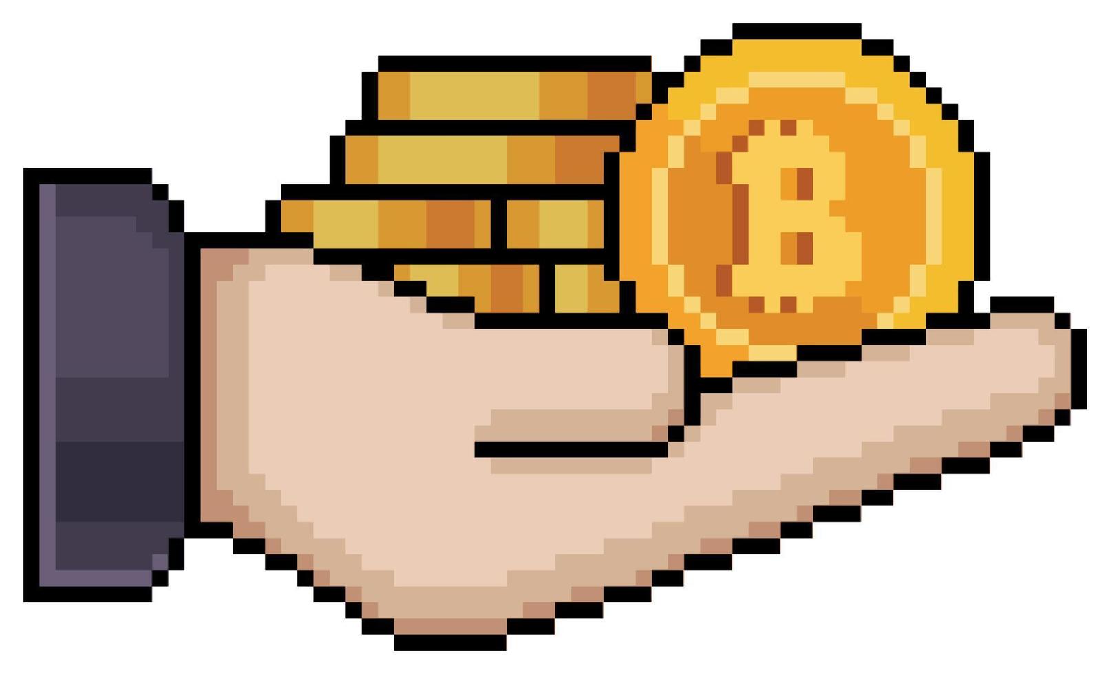 Pixel art hand holding stack of bitcoins vector icon for 8bit game on white background