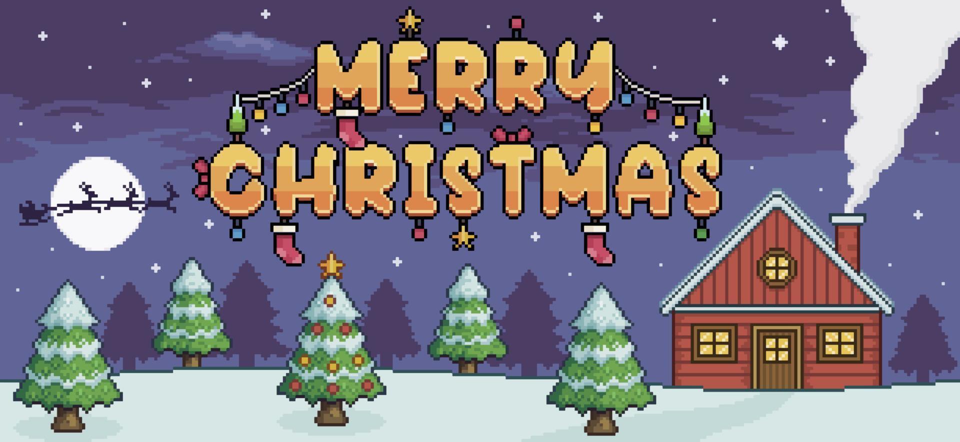 paisaje navideño de pixel art, con pinos, casa roja, nieve y texto feliz navidad vector de fondo decorado para juego de 8 bits