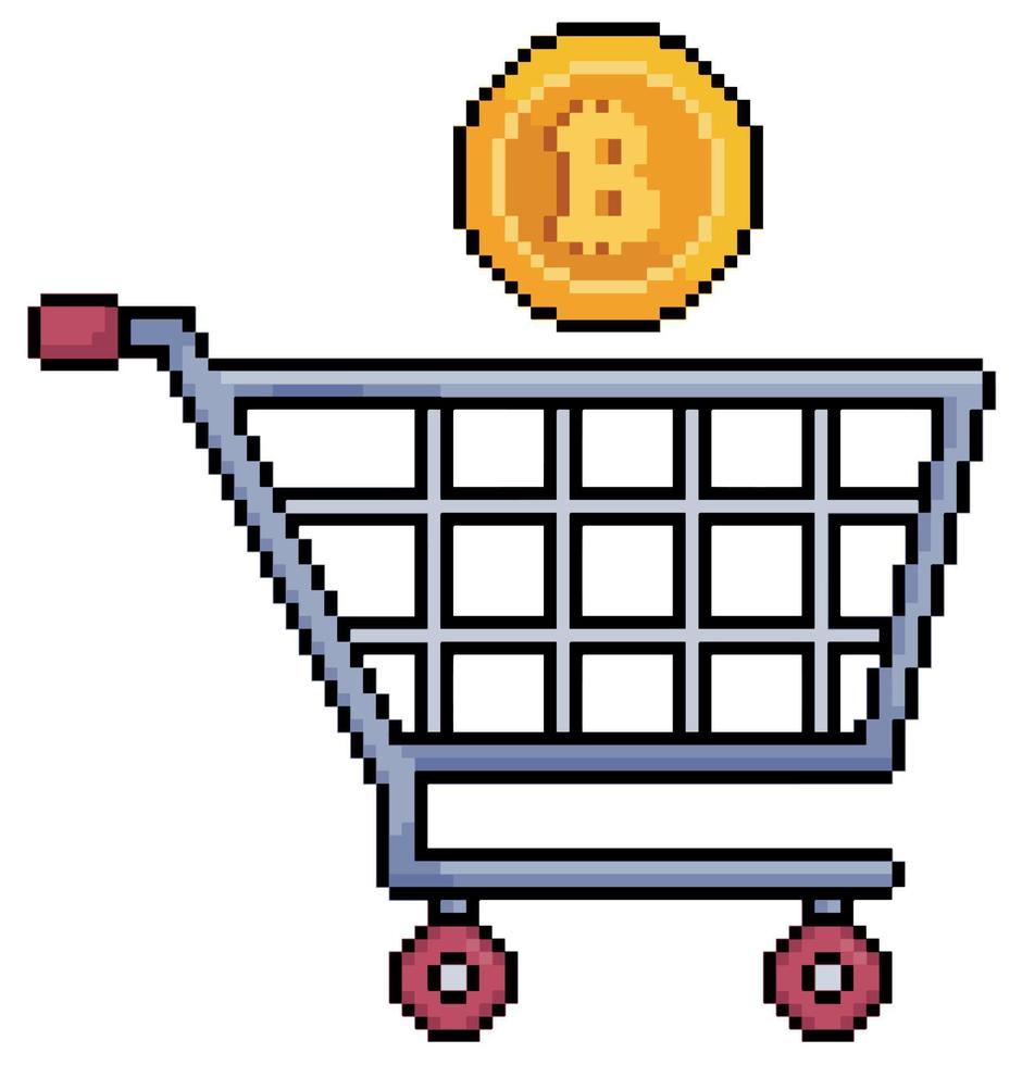 Pixel art shopping cart with bitcoin vector icon for 8bit game on white background