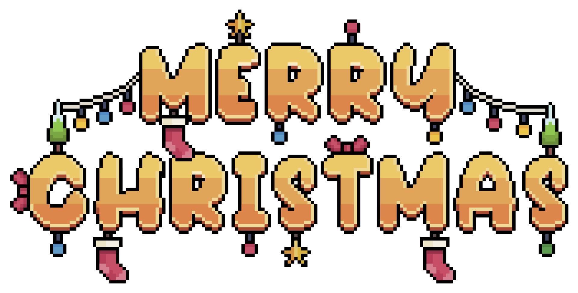 Pixel art golden merry christmas text decorated with christmas items vector icon for 8bit game on white background