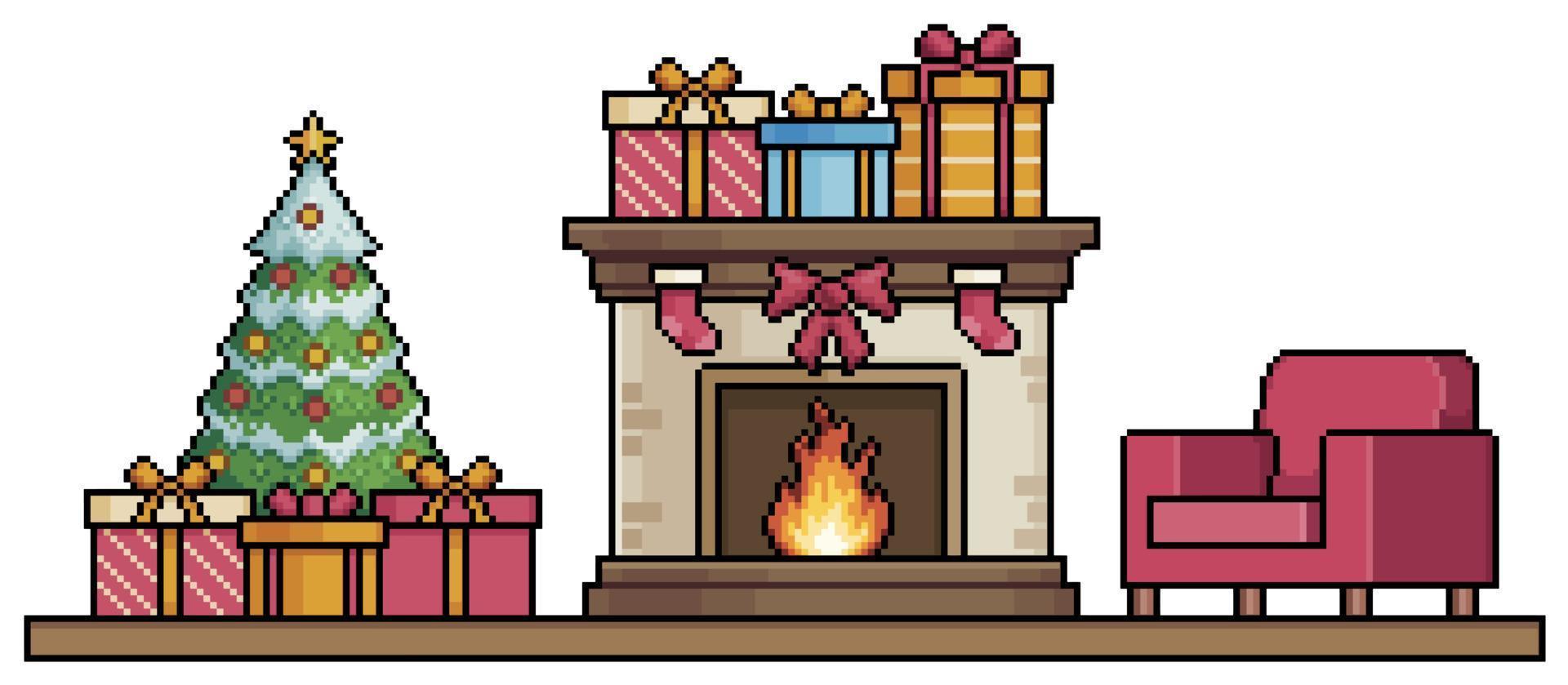 chimenea de arte de píxeles, árbol de Navidad, regalos y vector de fondo de sillón para juego de 8 bits