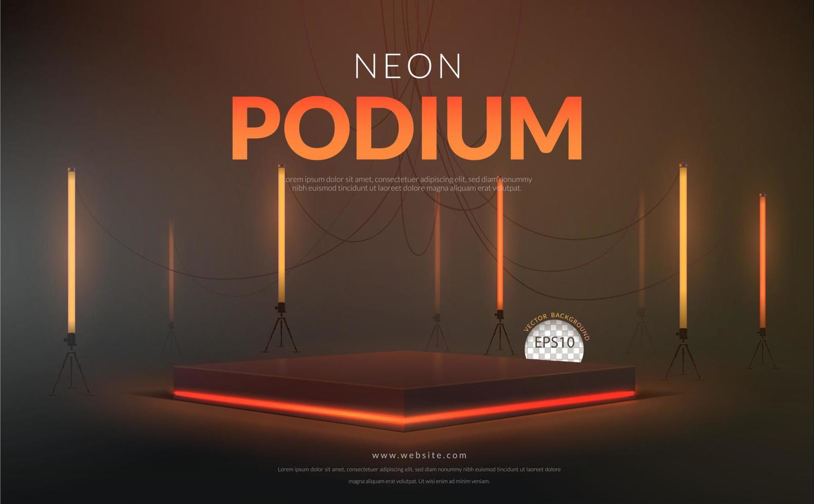 podio cuadrado con luz de neón naranja sobre fondo negro para la visualización del producto, ilustración vectorial vector
