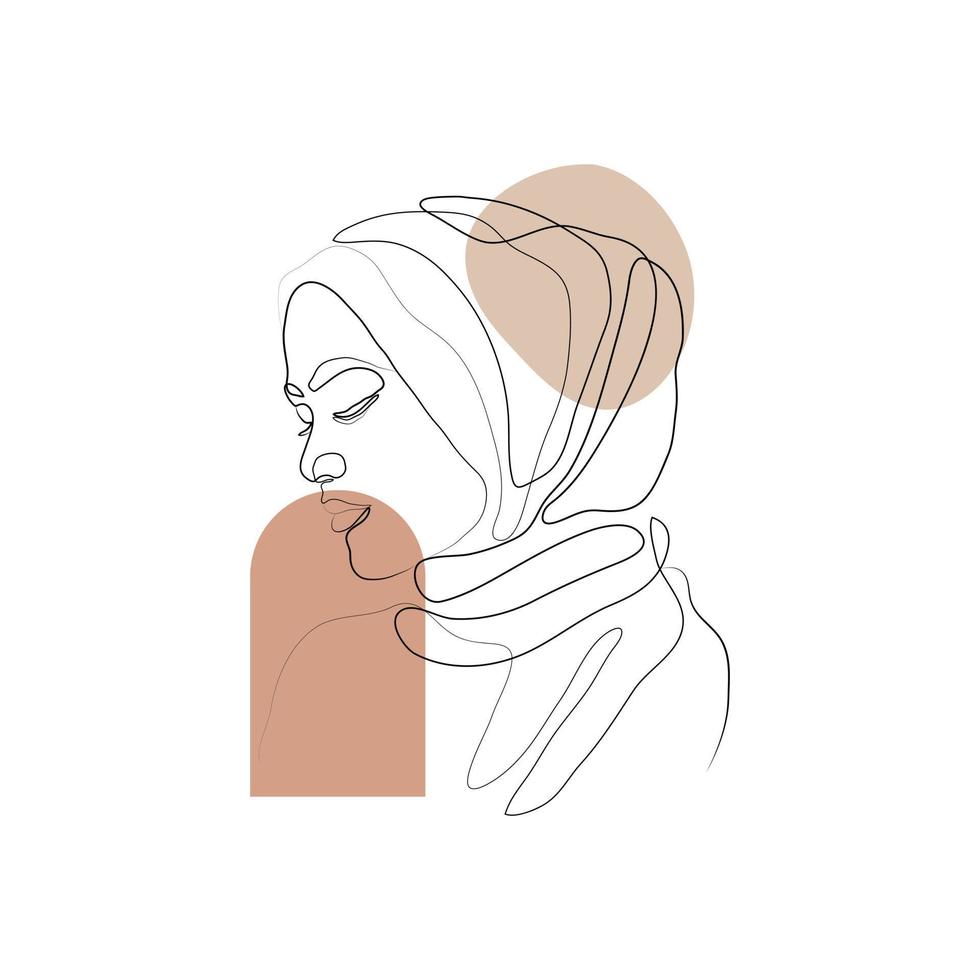 ilustración de retrato de cartel de arte de una línea hijab de mujer, dibujo de una línea femenina vector