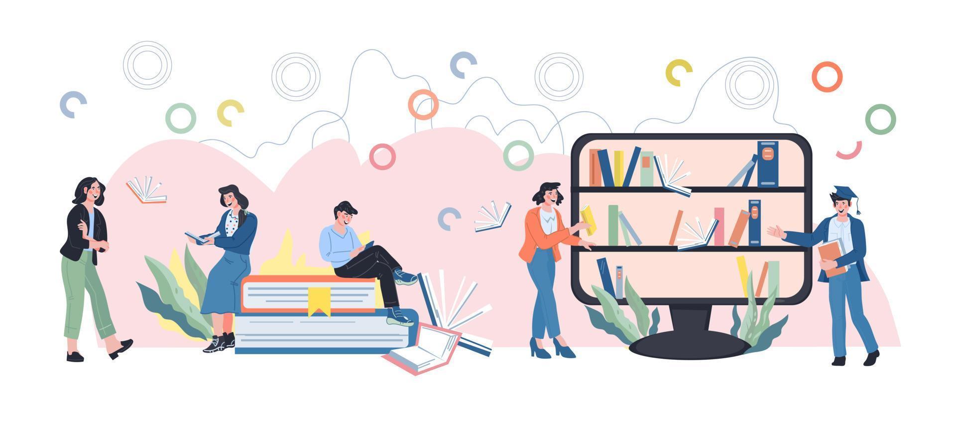 Online library, internet book shop and distance education banner with people among books and bookshelves. Educational courses and schooling computer internet technology. Flat vector illustration.