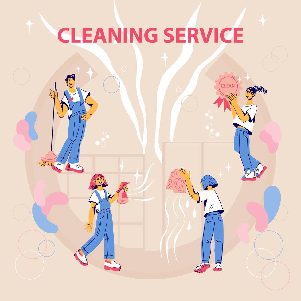 Cleaning service concept design for web banner and infographic with cleaners women and men at work. Janitors team service for office and home, poster or flyer template. Cartoon vector illustration.