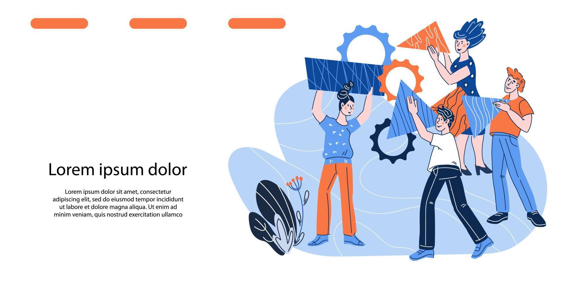 banner de sitio web de negocios o página de destino con un equipo de negocios de personajes de personas que participan en una asociación conjunta. trabajo en equipo y cooperación, comunicación en empresa. ilustración vectorial de dibujos animados. vector