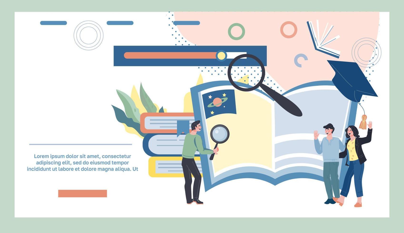 banner de aprendizaje en línea y aprendizaje electrónico con personas pequeñas y libros. cursos de formación y formación a domicilio en tecnologías informáticas de internet. Aplicación de biblioteca y universidad en línea. ilustración vectorial plana. vector