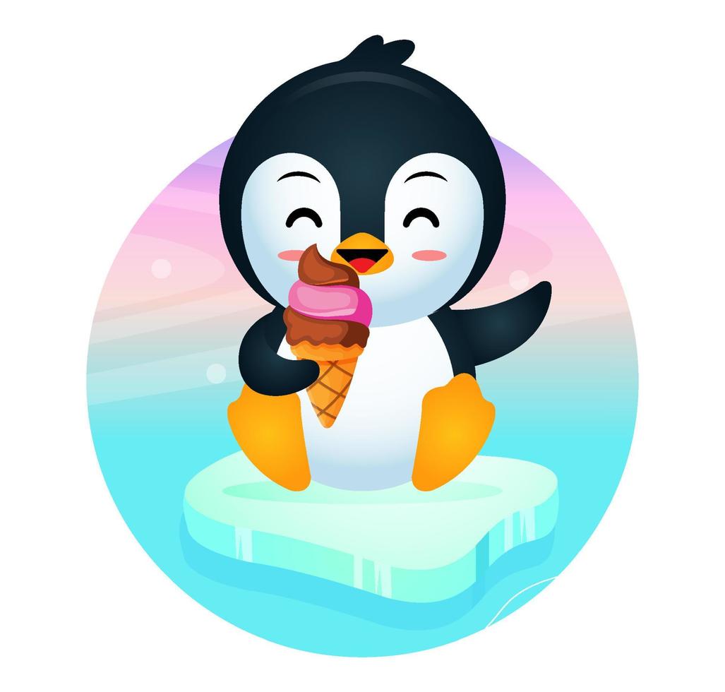 Happy Cute Penguin Sitting On Ice Eat Ice Cream vector