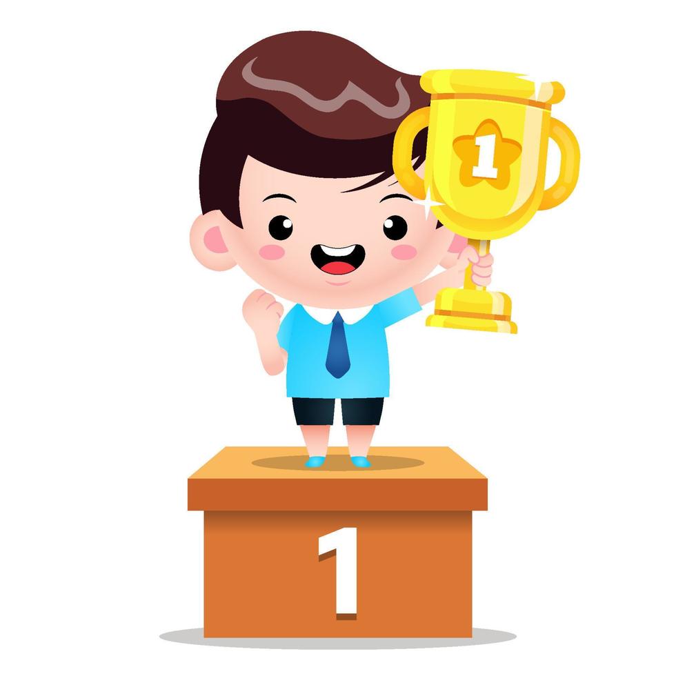 Cute Student Boy Expressing Achievement On Single Podium vector
