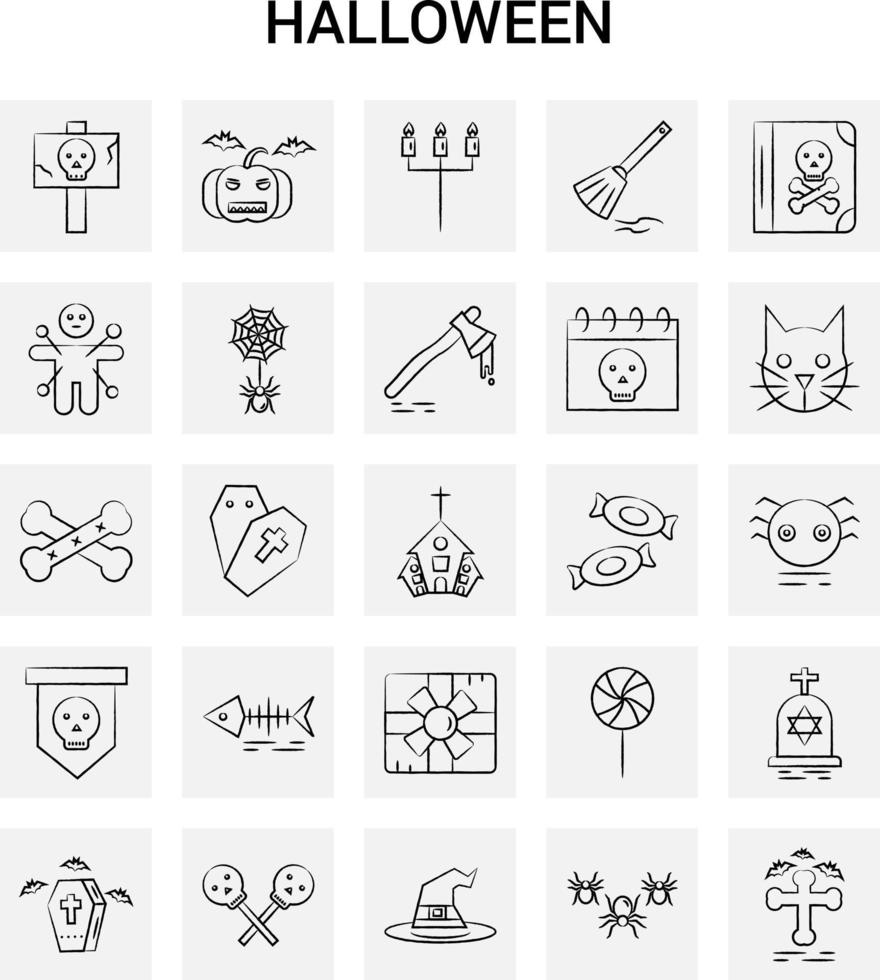 25 conjunto de iconos de halloween dibujados a mano doodle de vector de fondo gris