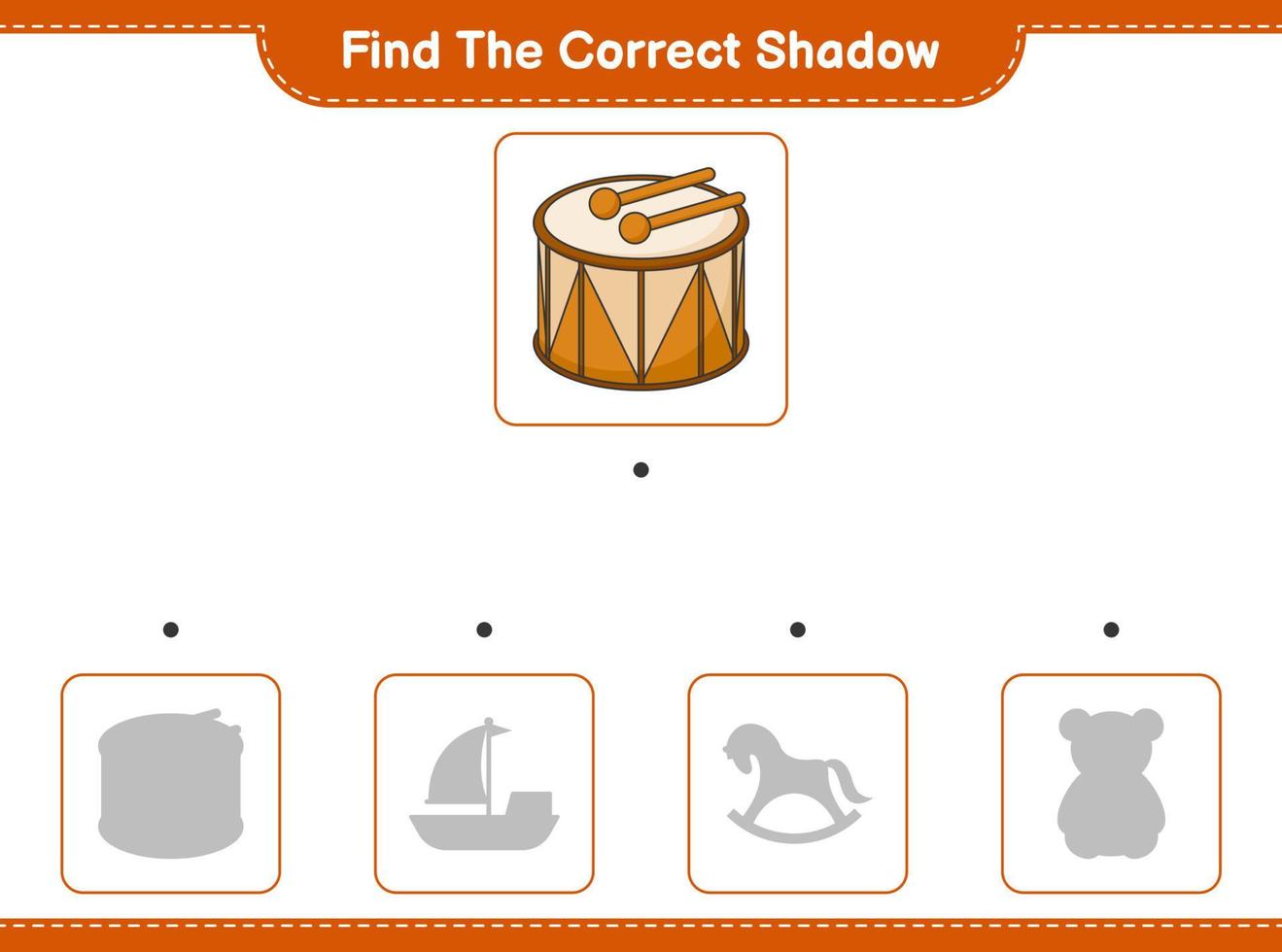 Find the correct shadow. Find and match the correct shadow of Drum. Educational children game, printable worksheet, vector illustration