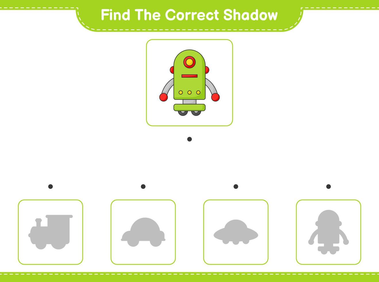 Find the correct shadow. Find and match the correct shadow of Robot Character. Educational children game, printable worksheet, vector illustration