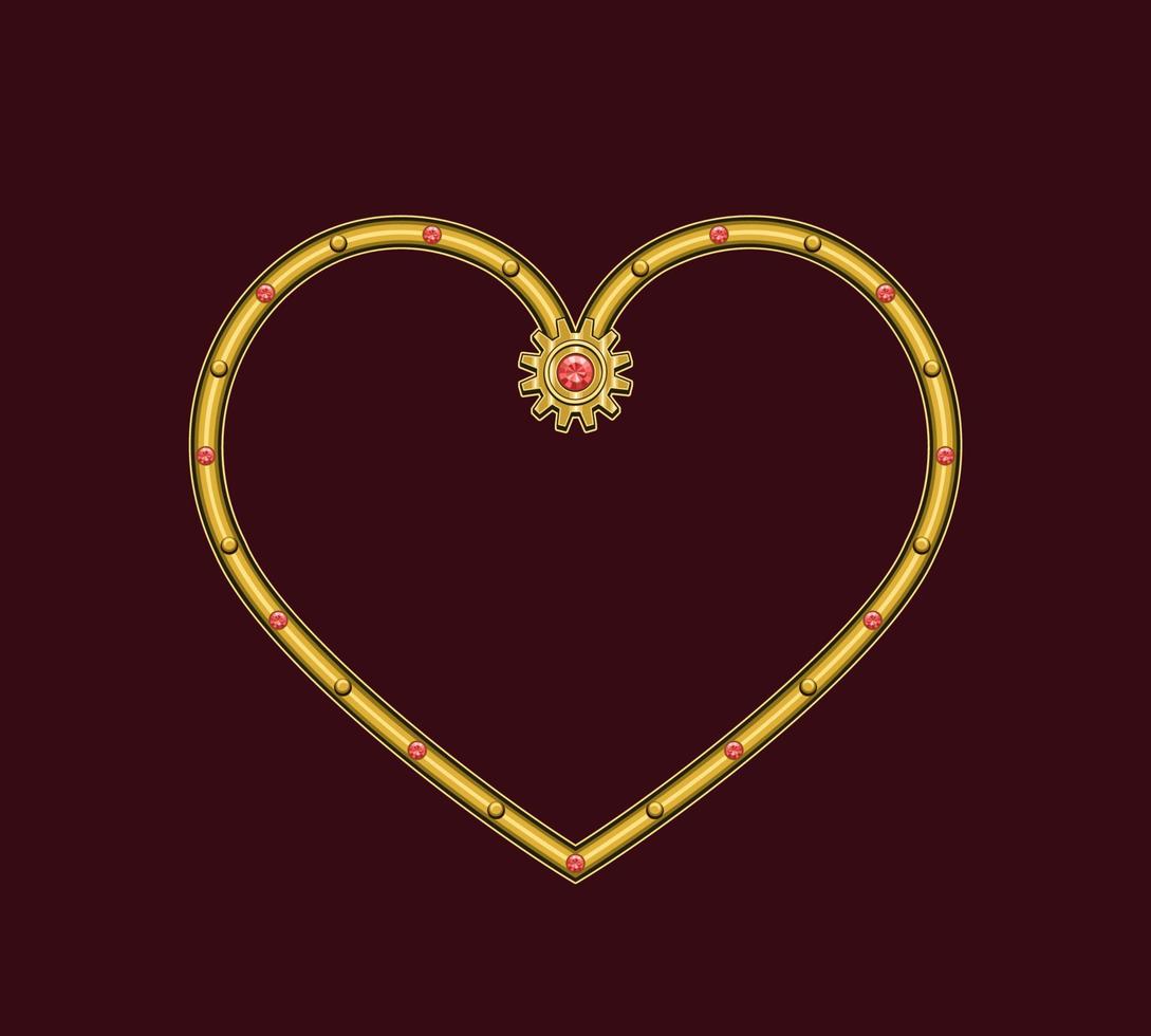 Heart shaped golden frame in steampunk style decorated with red gemstones, gear, rivets vector