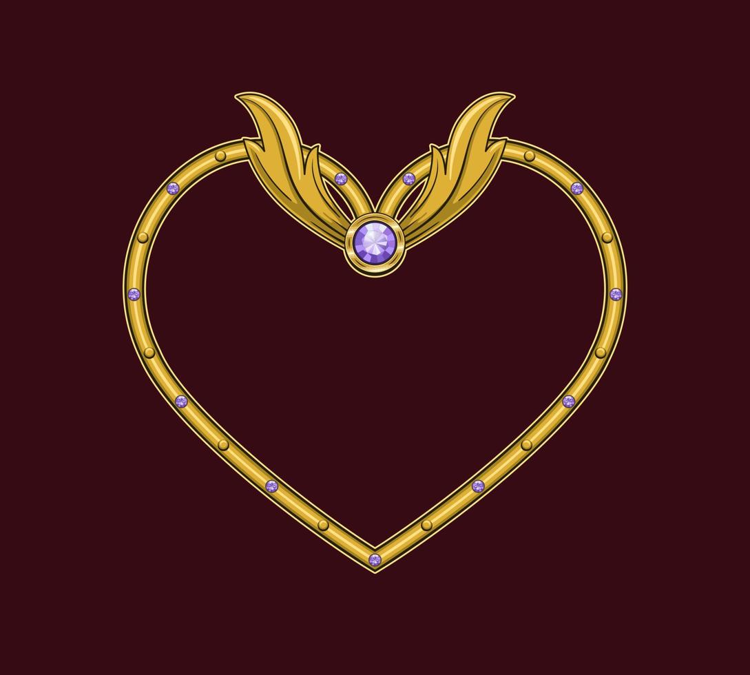 Heart shaped golden frame in steampunk style decorated with violet gemstones, victorian elements, rivets vector