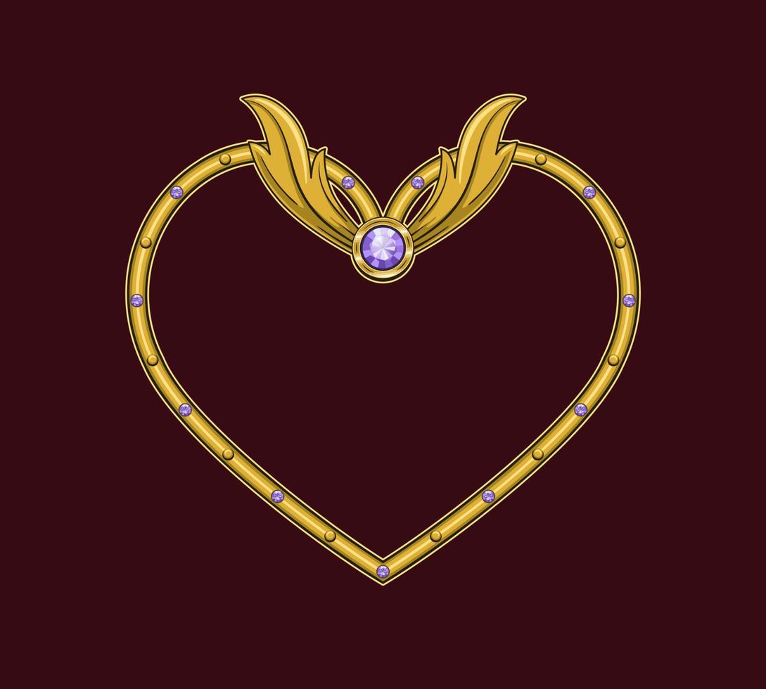 Heart shaped golden frame in steampunk style decorated with violet gemstones, victorian elements, rivets vector