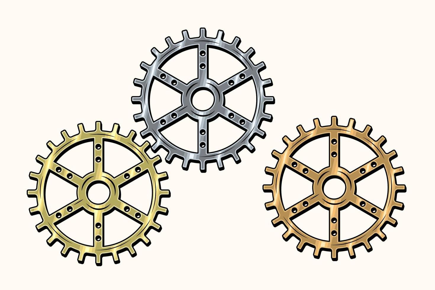 Gold, brass, copper, steel gears in retro style. Good for decoration in steampunk style. Vector. vector