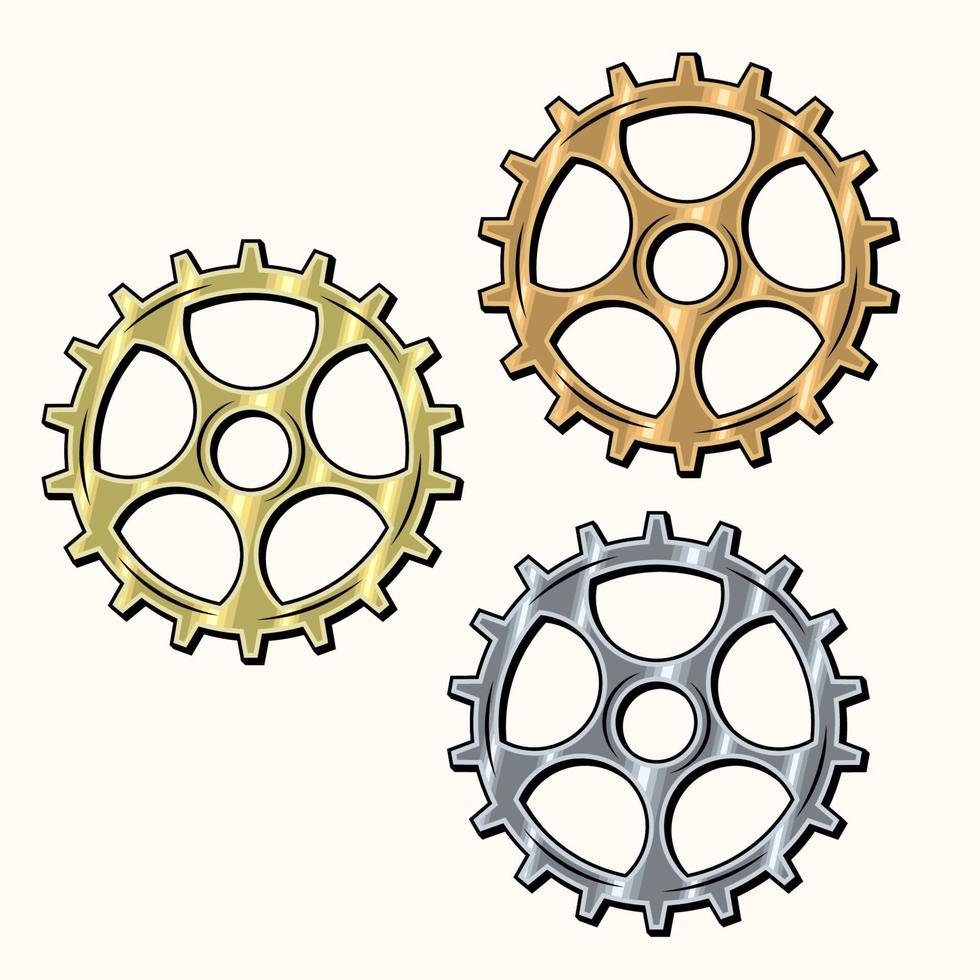 Gold, brass, copper, steel gears in retro style. Good for decoration in steampunk style. Vector. vector