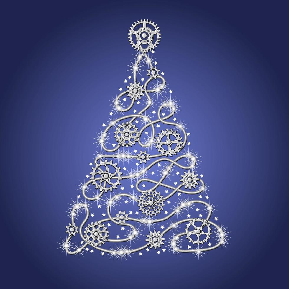 árbol de navidad plateado hecho de alambre plateado con engranajes plateados, chispas, pequeñas estrellas dispersas sobre un fondo azul en estilo steampunk. vector