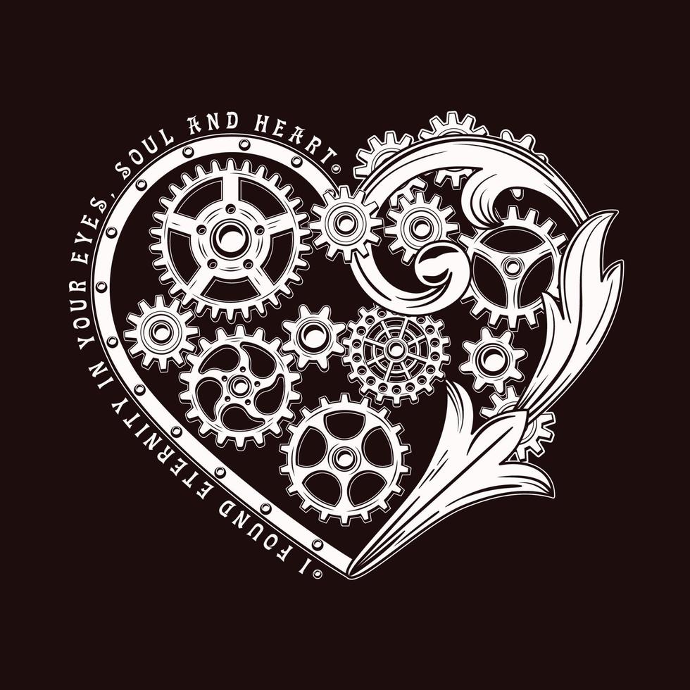 Heart decorated with gears, rivets and victorian elements in steampunk style. Love theme inscription. White emblem on dark background. vector