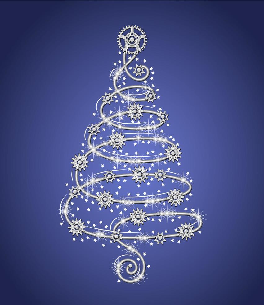 Christmas tree made of silver wire with gears, sparkles, little scattered stars on a blue background. Steampunk style. Delicate spiral shape of tree. Vector