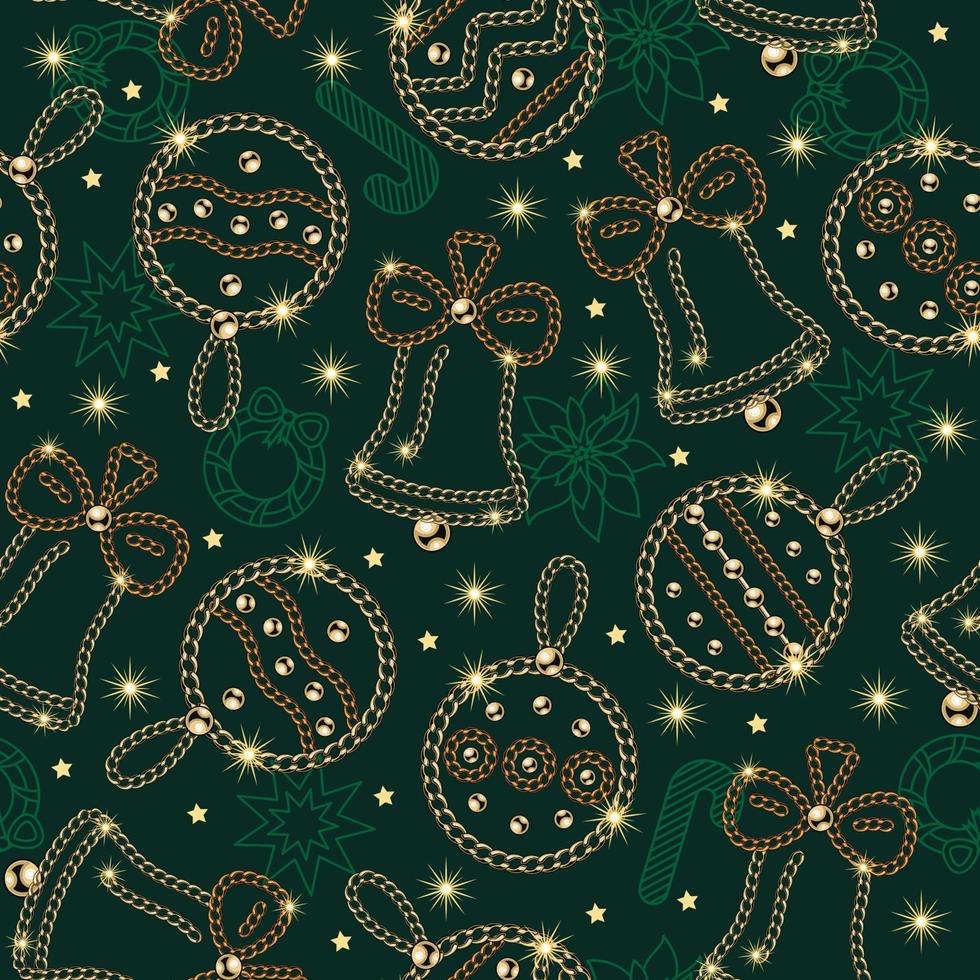 Seamless pattern with christmas balls, bells, poinsettia, spruce branch of jewelry gold chains, shiny ball beads. Christmas contour icon, small stars, sparkles on green background vector