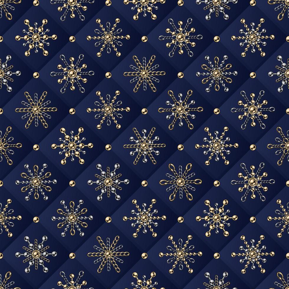 Seamless geometric pattern with small 6 side snowflakes, rhombuses made of jewelry gold, silver chains and shiny ball beads. Square blue geometric grid on background vector