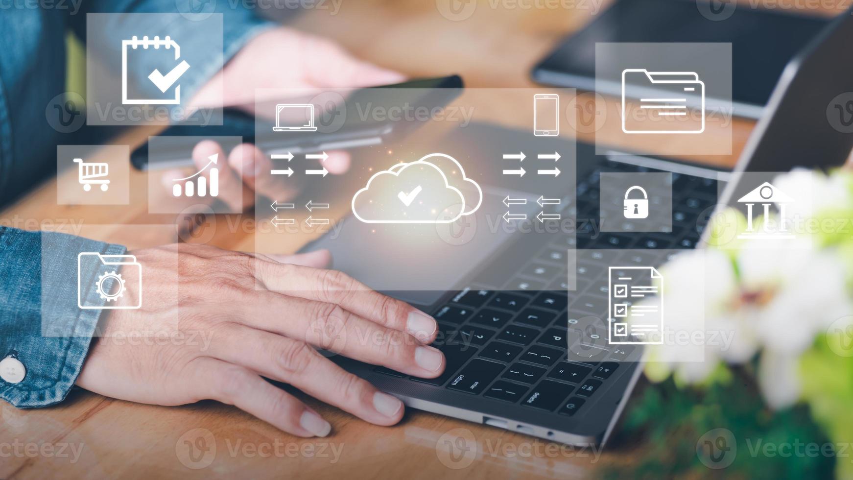 Businessman migrates file system, network and internet, storage and data transfer with cloud technology. , connection and exchange of data documents, document management and folder privacy photo
