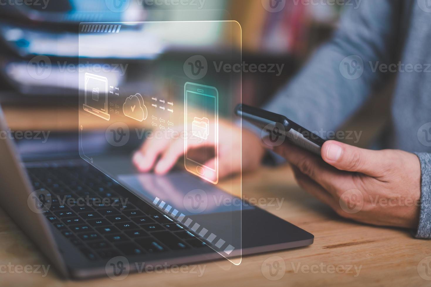 Businessman migrates file system, network and internet, storage and data transfer with cloud technology. , connection and exchange of data documents, document management and folder privacy photo