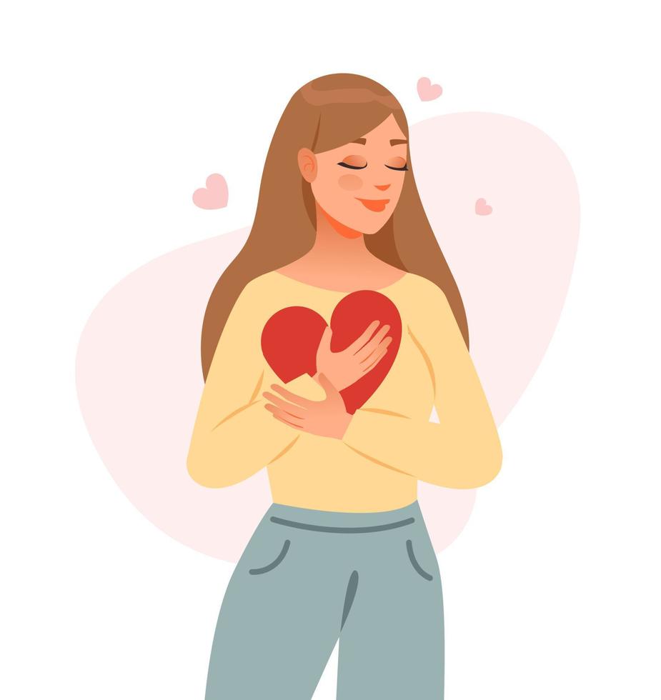 concepto de amor propio. la niña abraza el corazón. salud mental. ilustración vectorial de dibujos animados vector