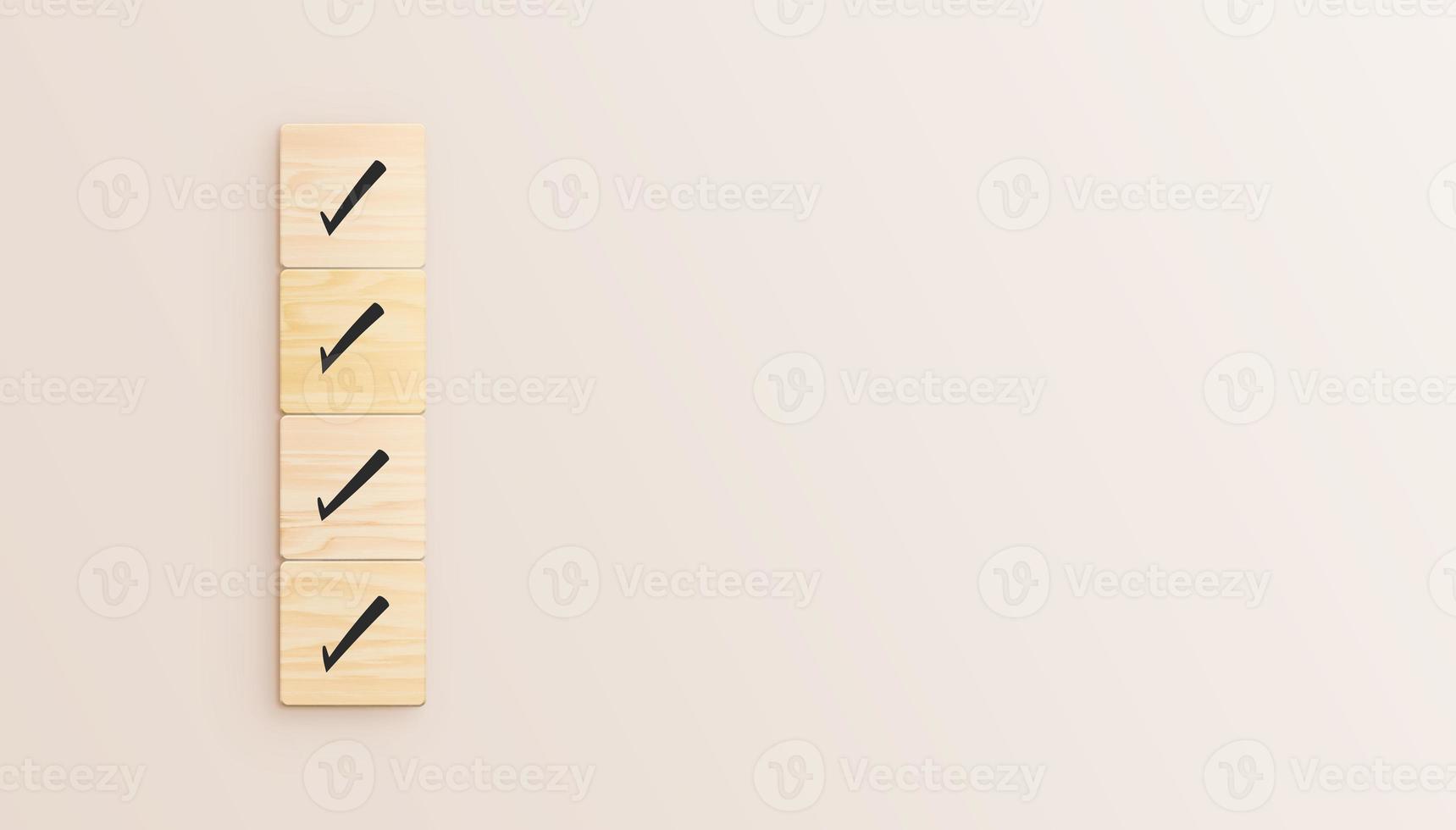 Checklist concept, Check mark on wooden blocks with copy space. 3D illustration. photo