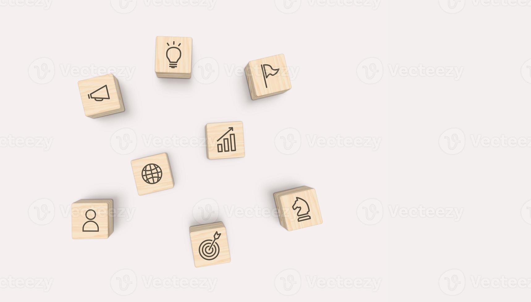 Top view of wooden block with business strategy and finance icons on gray background concept. 3D illustration. photo