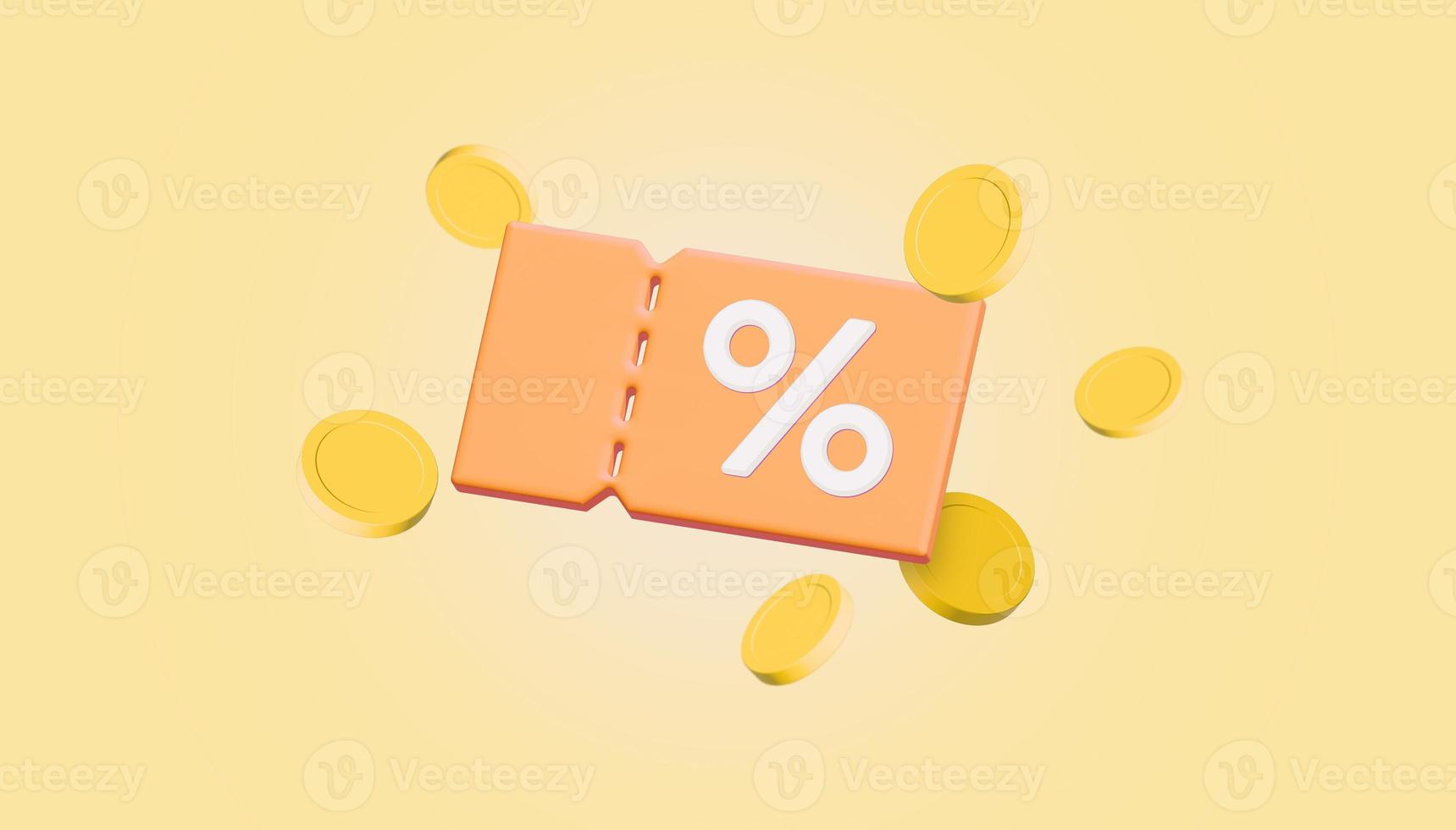 Promotion sale percentage discount coupon and coins floating on orange background. 3D render illustration. photo