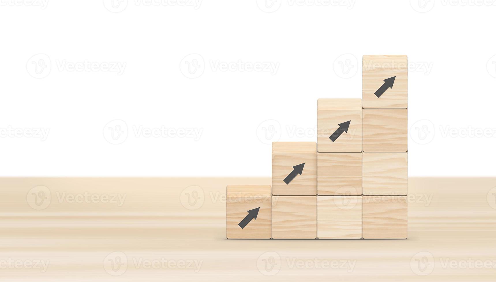 Business growth up banner concept. On table arrow go up on wood block stacking same as step stair background. Abstract Success stock market. management achievement. 3D illustration. photo