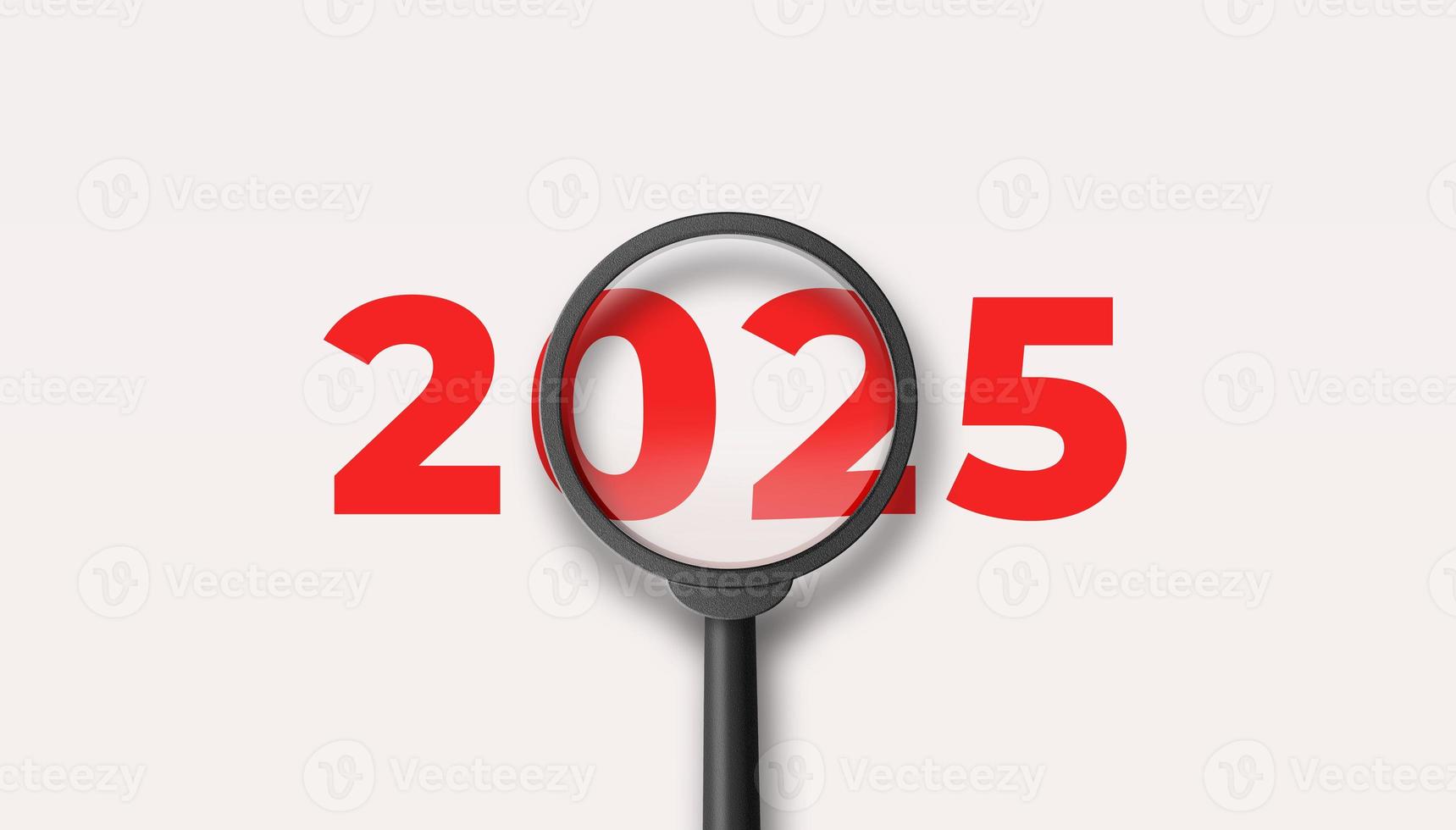 Magnifying glass magnifies the year 2025 on white background. Focusing on the year 2025 for business planning concept. 3D illustration. photo