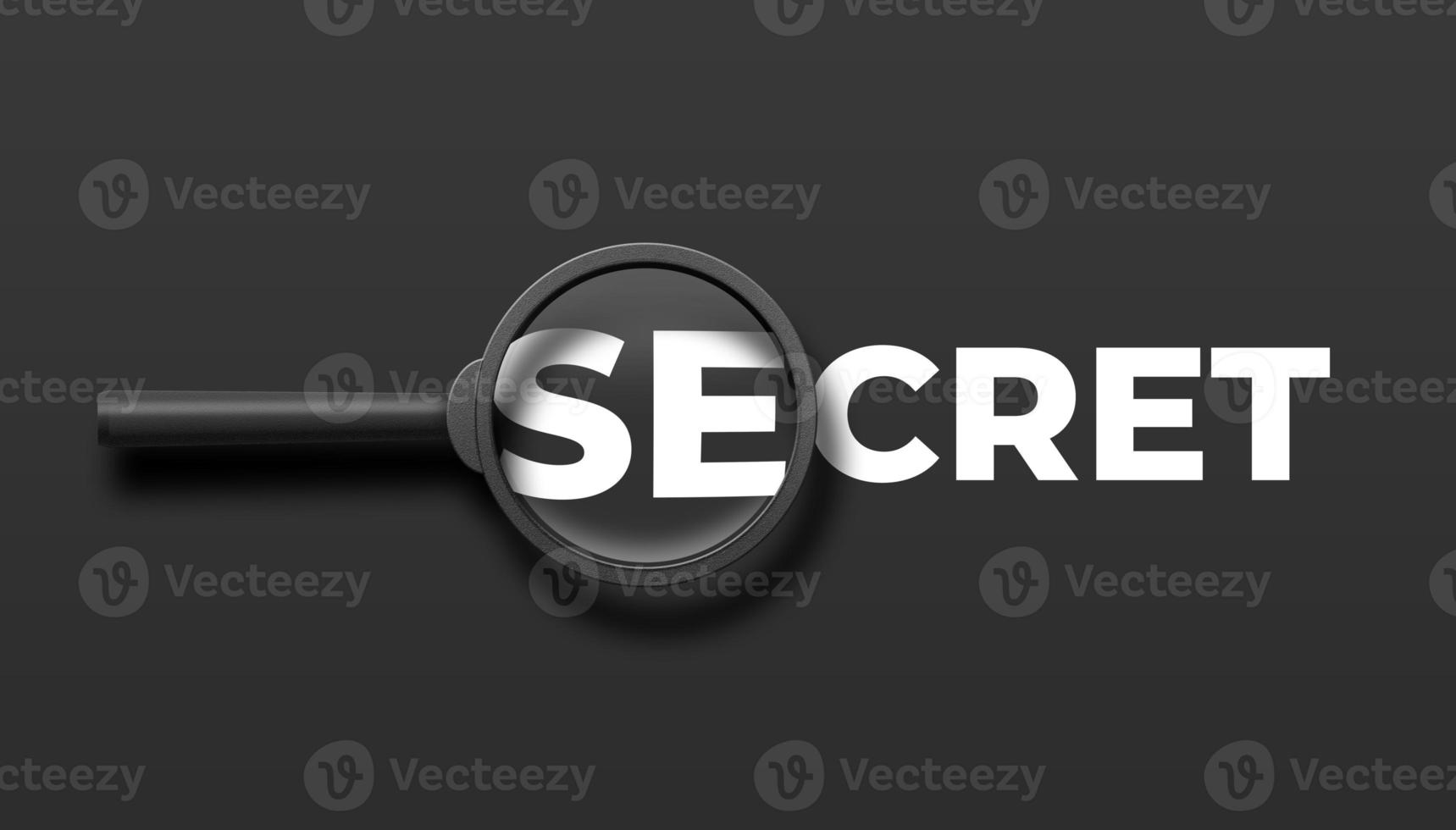 Secret word lettering typography with magnifying glass zooming the word Secret on dark background. 3D illustration. photo