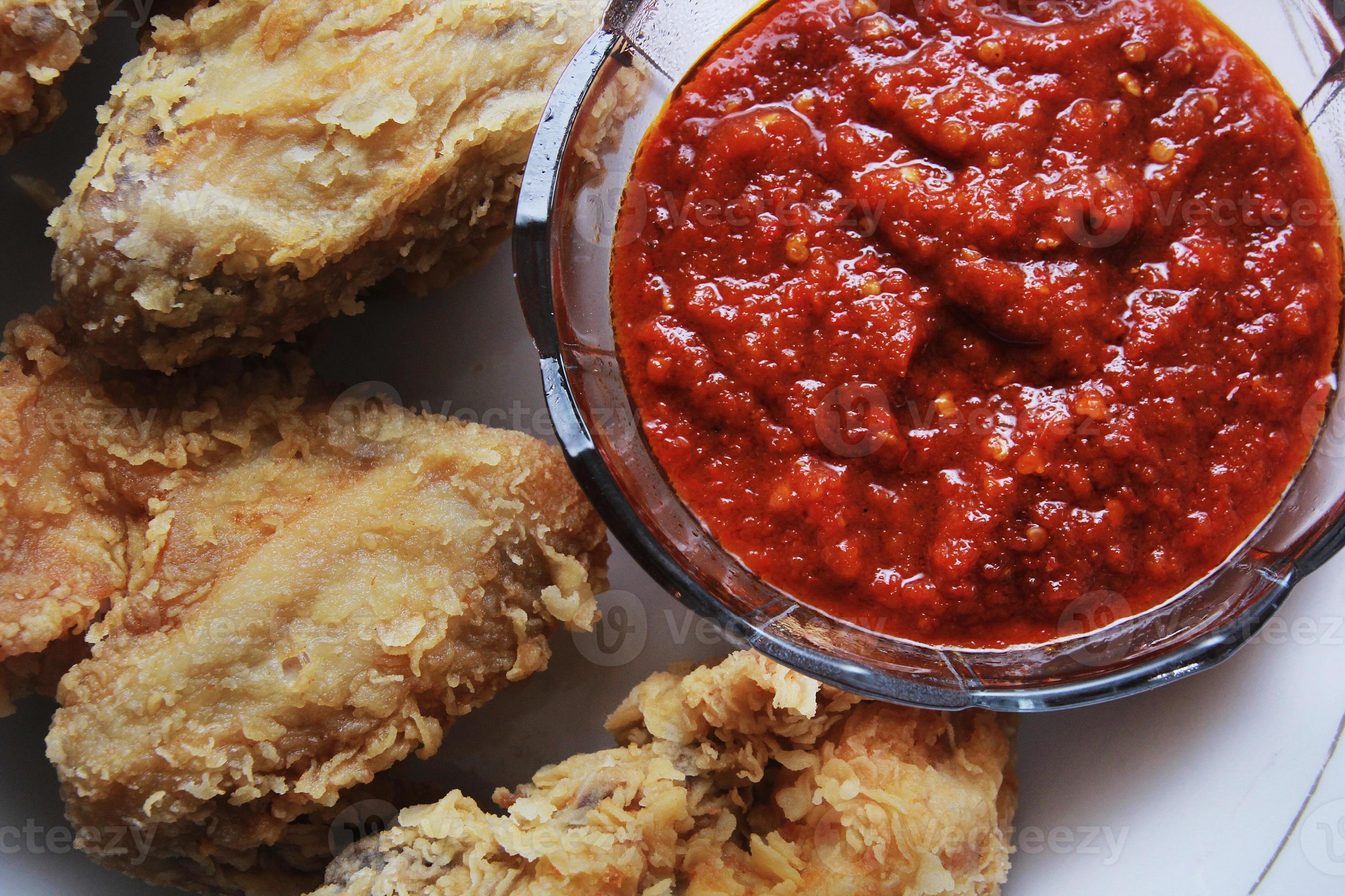 Fried Chicken with Red Chili Sauces. Indonesia red chili sauces usually