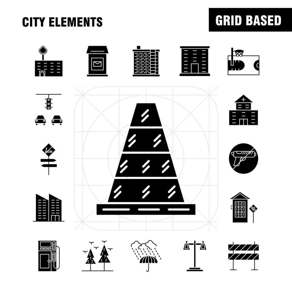 City Elements Solid Glyph Icons Set For Infographics Mobile UXUI Kit And Print Design Include Car Vehicle Travel Transport Swing Kids Parks Play Eps 10 Vector