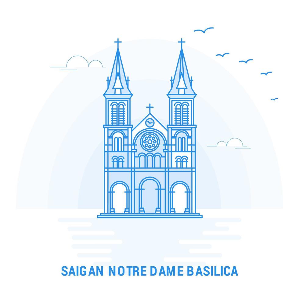 saigan notre dame basílica punto de referencia azul fondo creativo y plantilla de póster vector