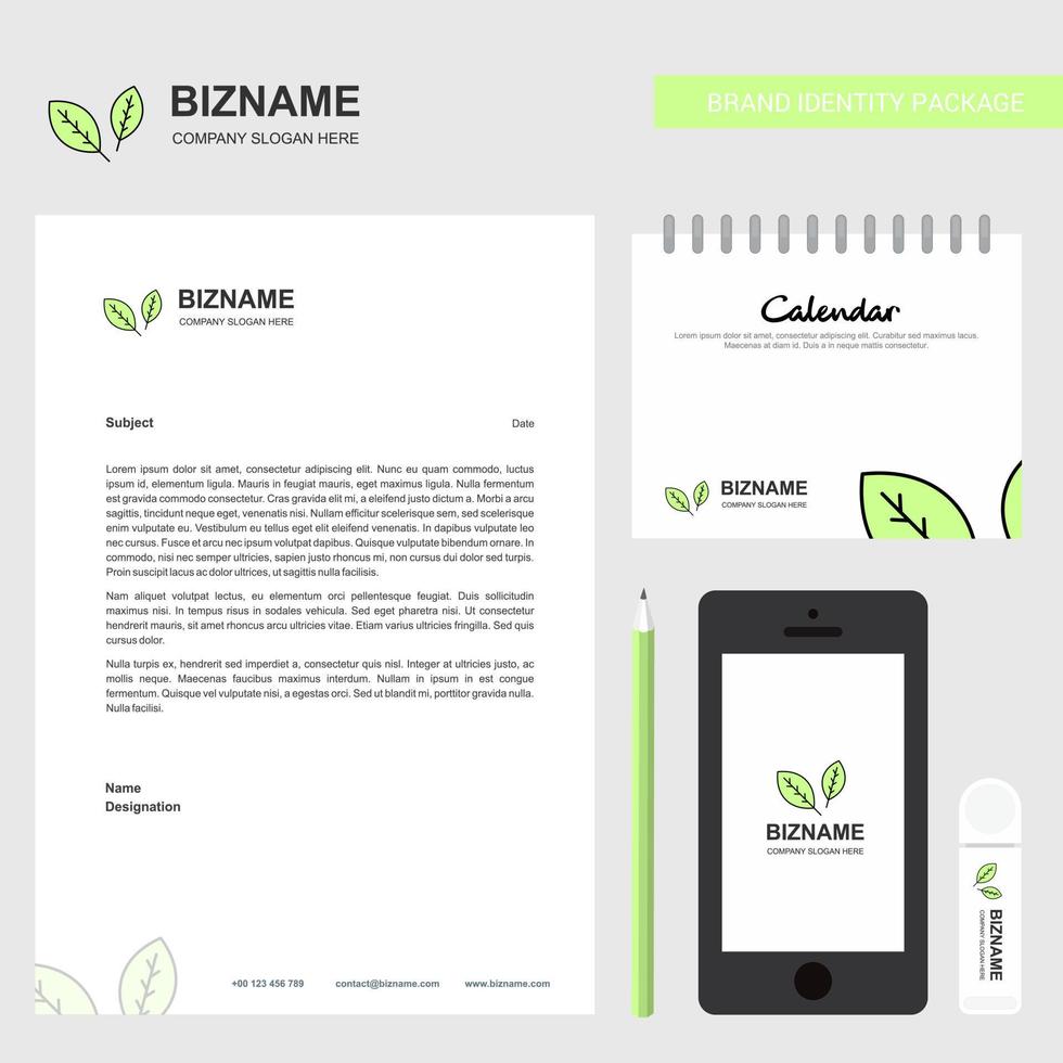 Leafs Business Letterhead Calendar 2019 and Mobile app design vector template