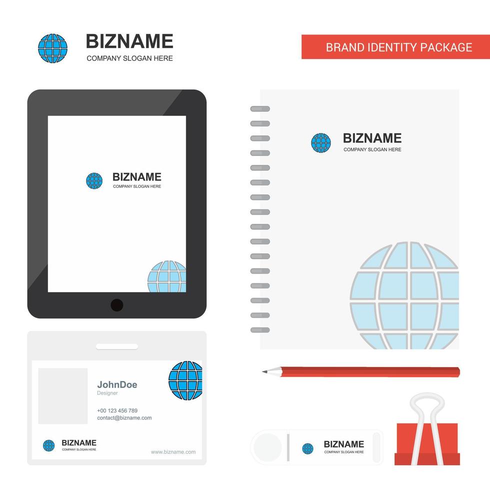 Globe Business Logo Tab App Diary PVC Employee Card and USB Brand Stationary Package Design Vector Template