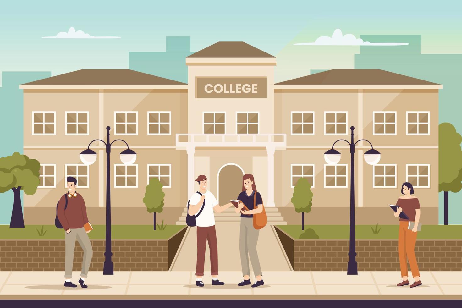 Flat design of college students in university. vector