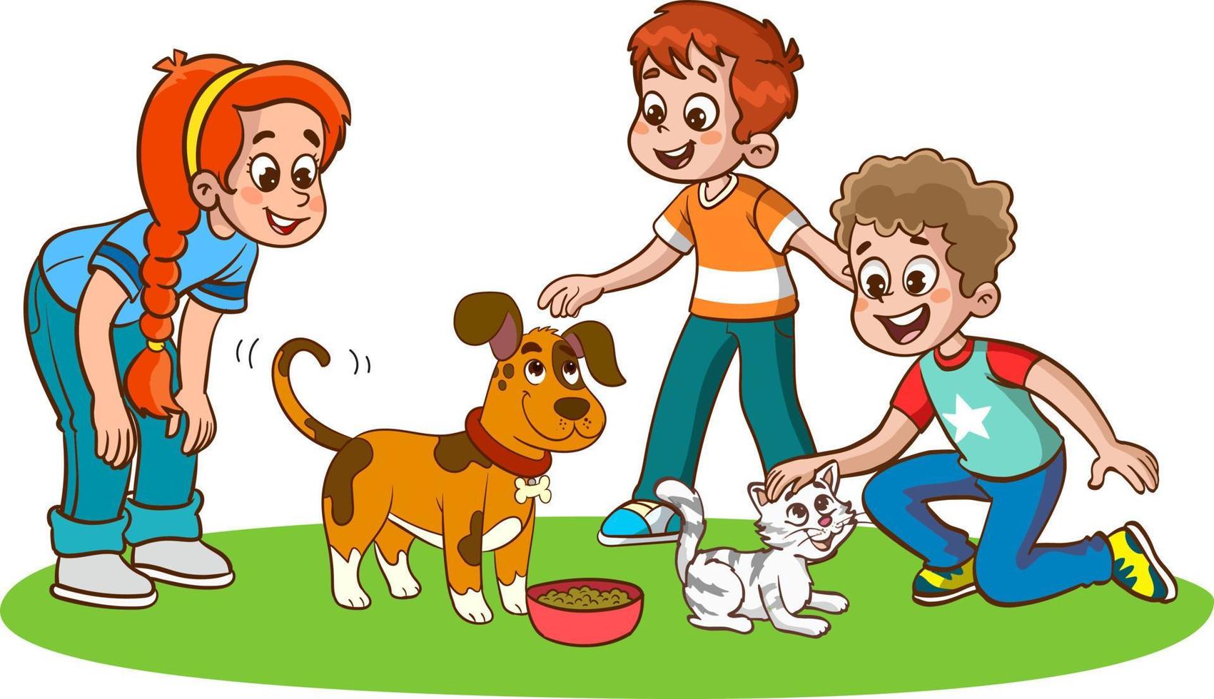 happy cute little chilren play with pet cat and dog vector illustration