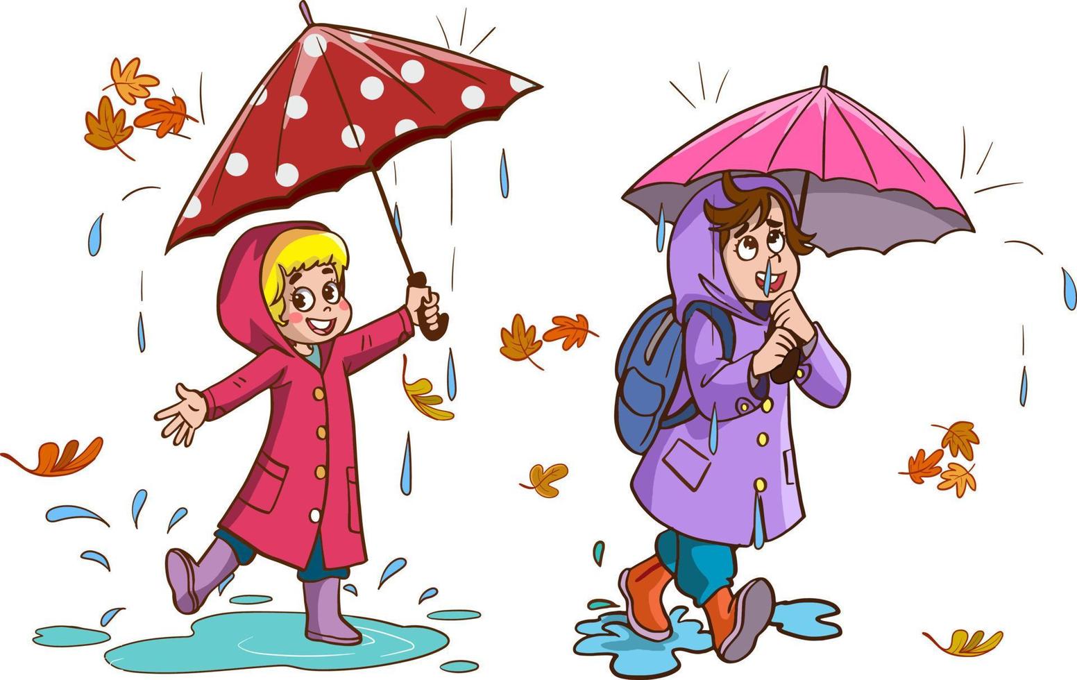 niños pequeños sonrientes saltando en un charco en la ilustración de vector de día lluvioso