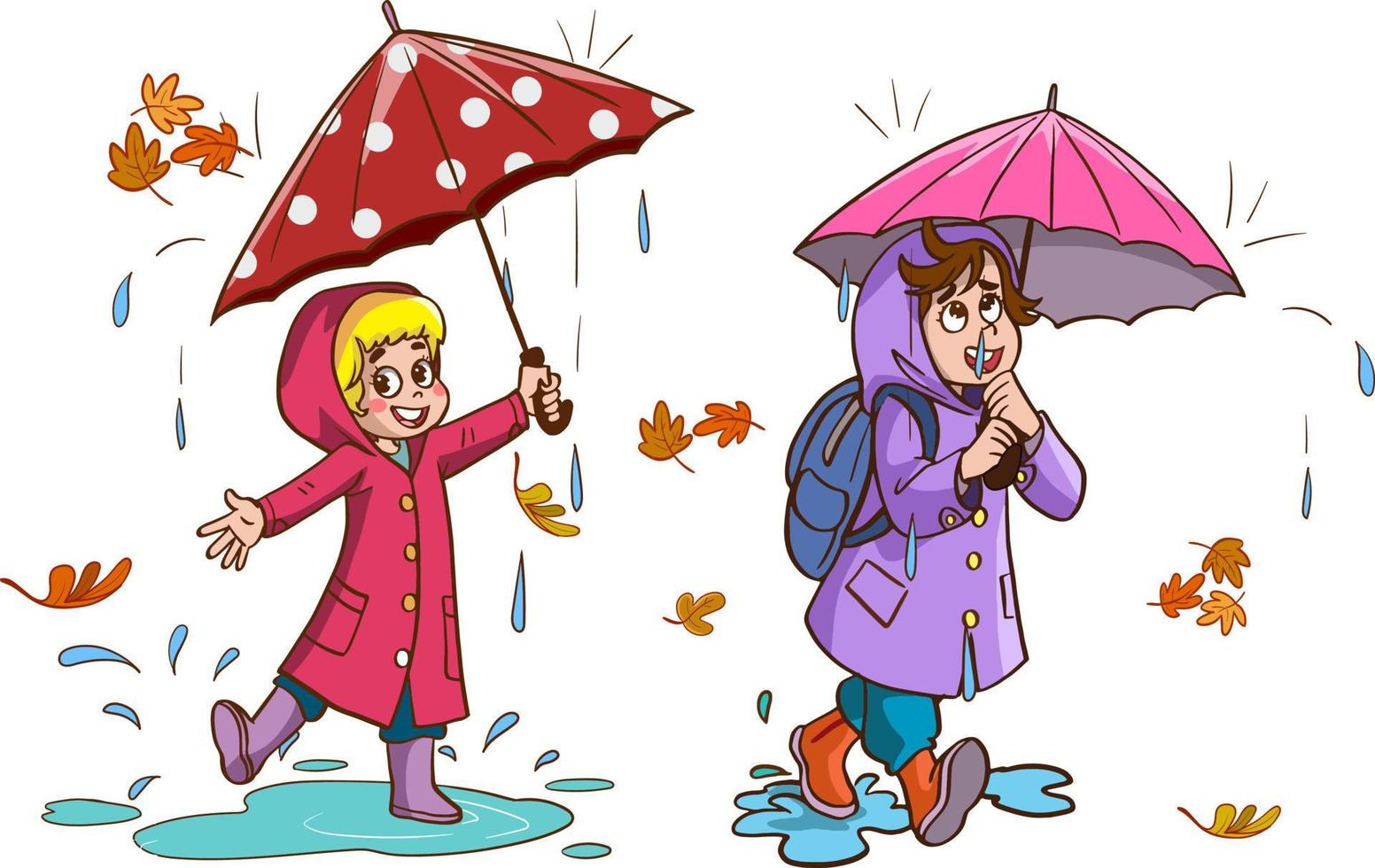 Smiling Little Kids Jumping in a Puddle in Rainy Day Vector Illustration