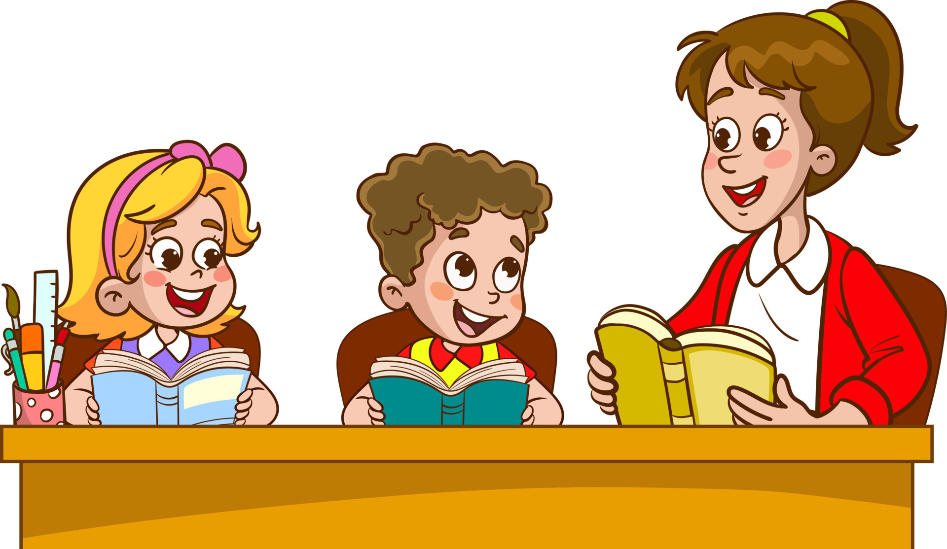Happy Kids Read Book And Study Together With Teacher 14199168 Vector happy-kids-read-book-and-study-together-with-teacher-14199168-vector