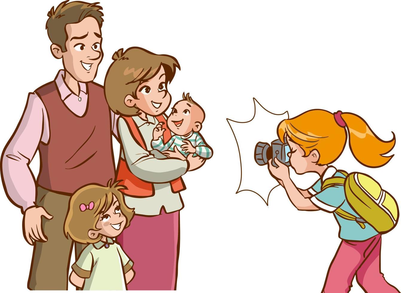 girl taking a photo with a camera. girl taking a family photo vector
