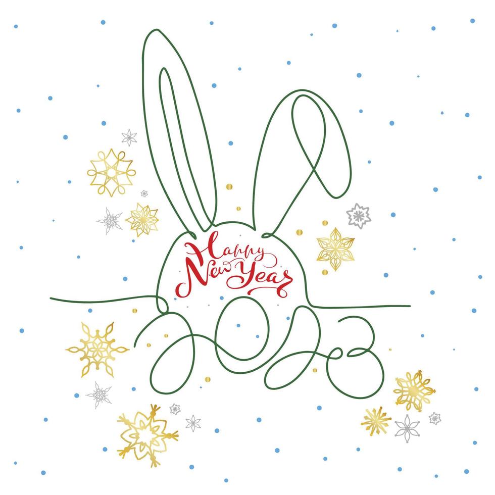 Bunny silhouette in one line with golden snowflakes, Happy New Year card with number 2023 vector