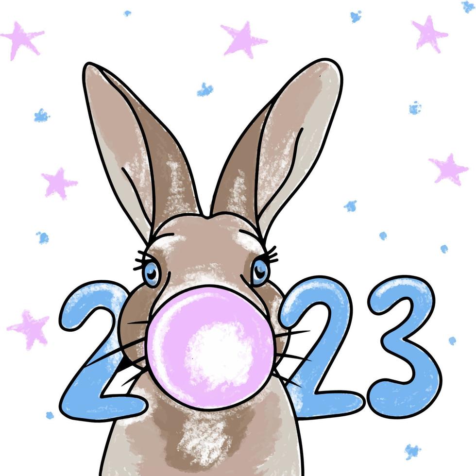 Bunny blowing a balloon, cute illustration with the number 2023, in delicate colors vector