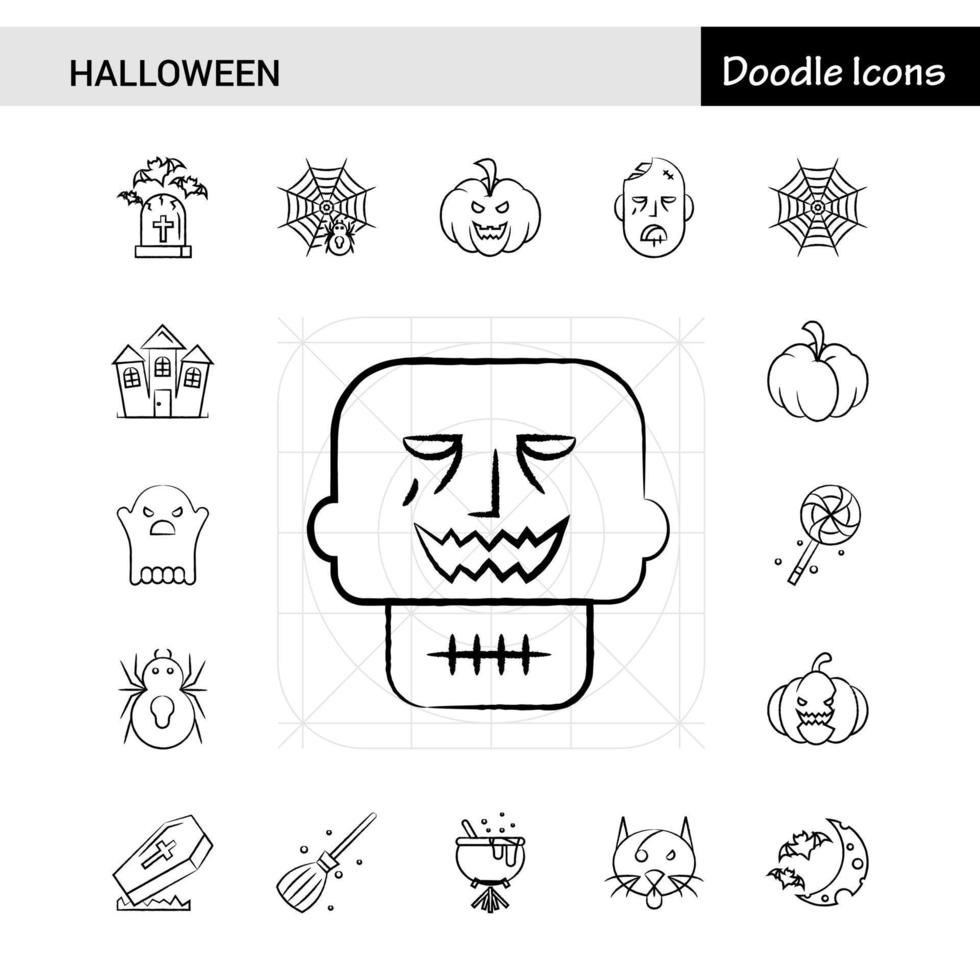 conjunto de 17 iconos dibujados a mano de halloween vector