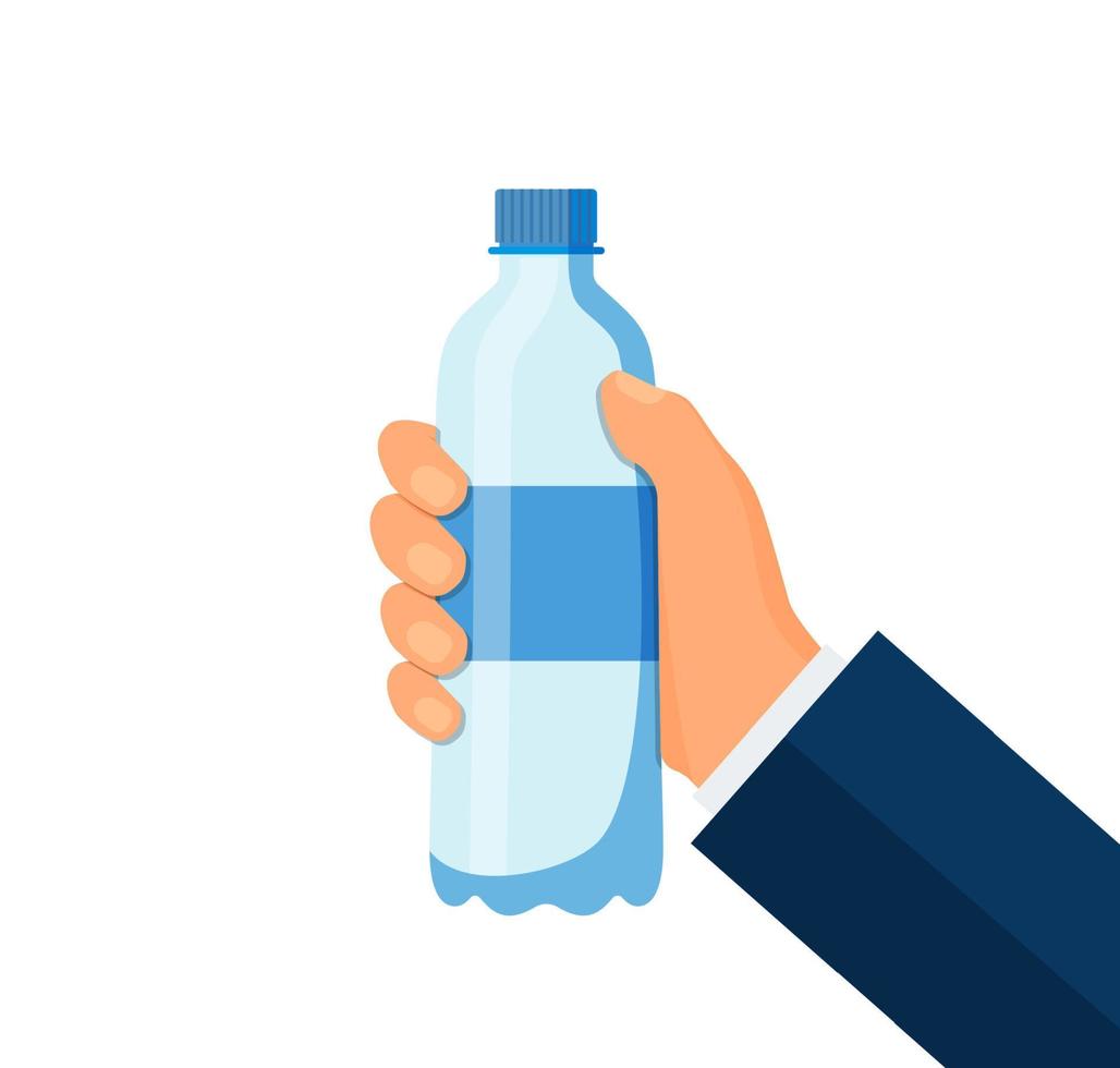 Plastic bottle of soda water hold in hand. Vector illustration in flat style.